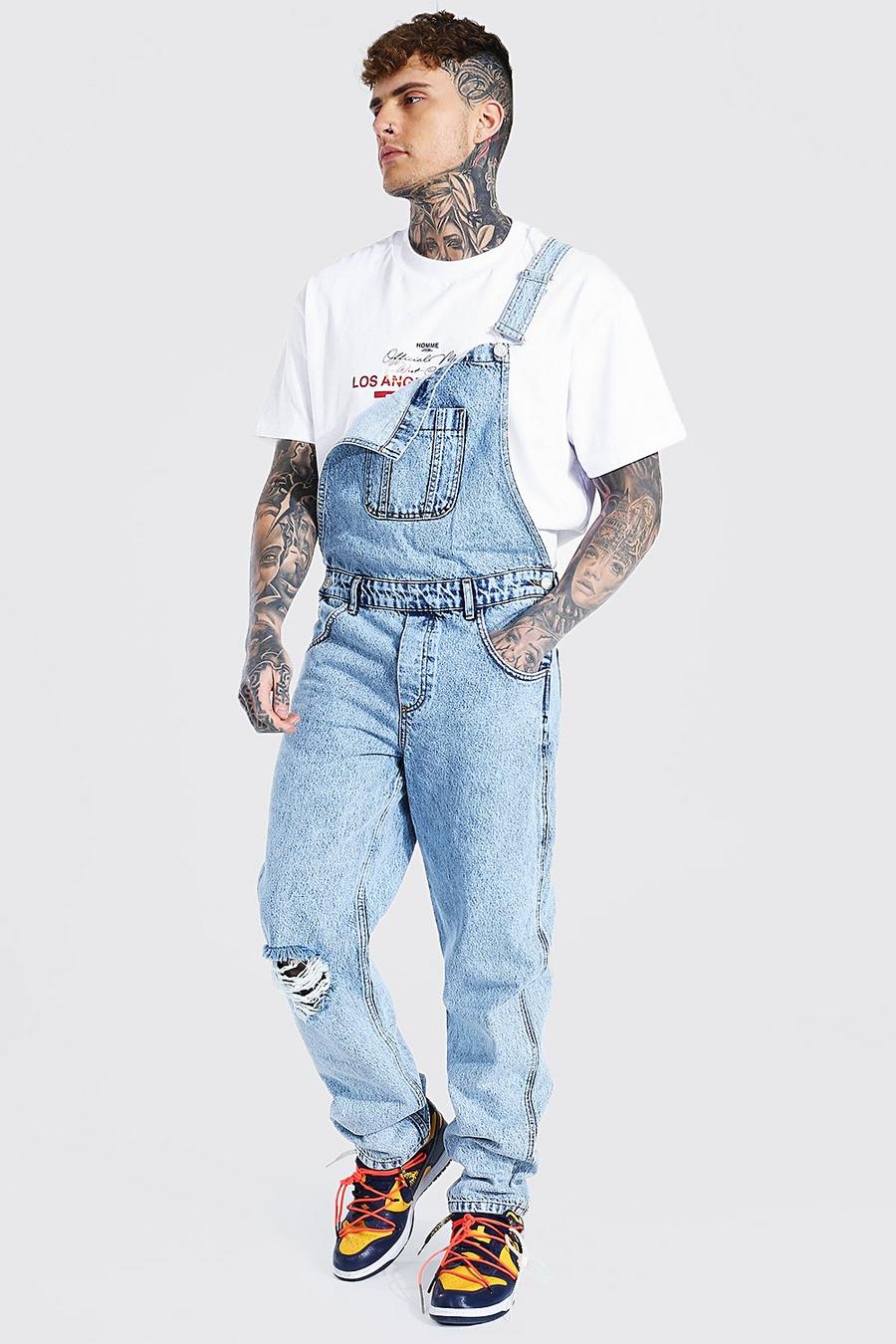 Ice blue Relaxed Fit Busted Knee Frayed Hem Dungaree image number 1