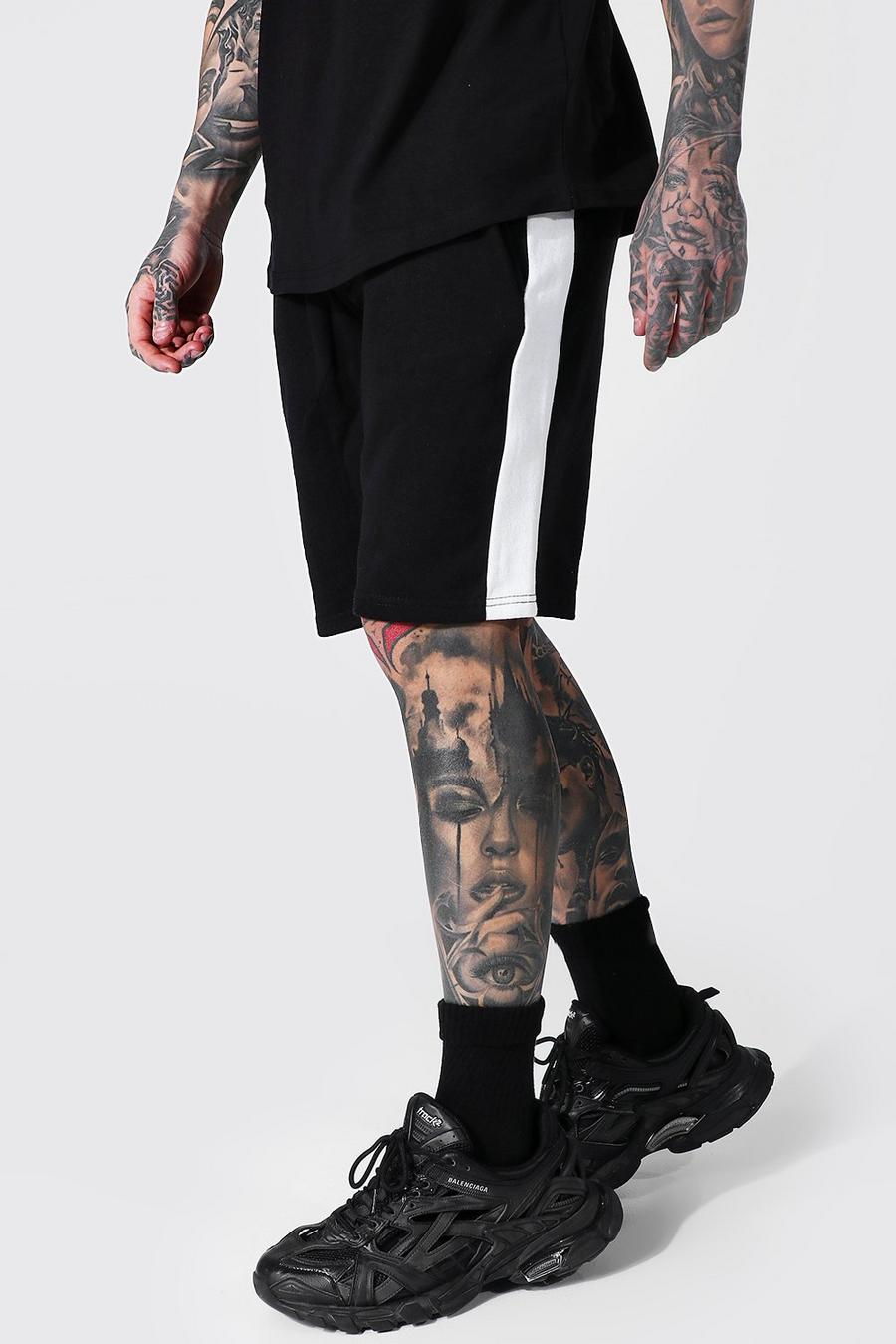 Black Basic Mid Length Side Panel Jersey Shorts image number 1