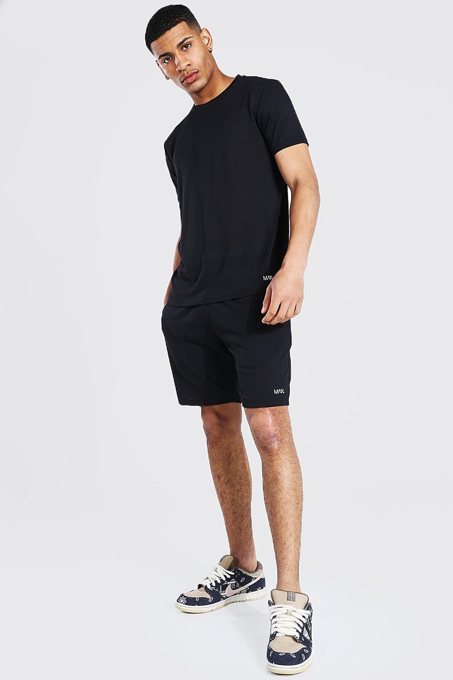Black Basic Plat Gebreid T-Shirt En Shorts Set image number 1