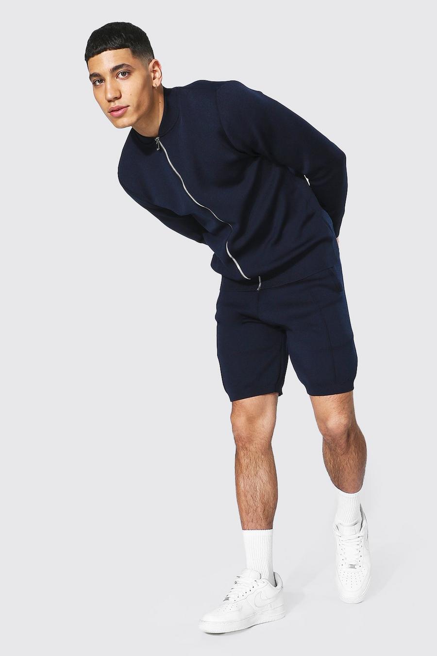 Navy Smart Knitted Bomber And Short Set image number 1