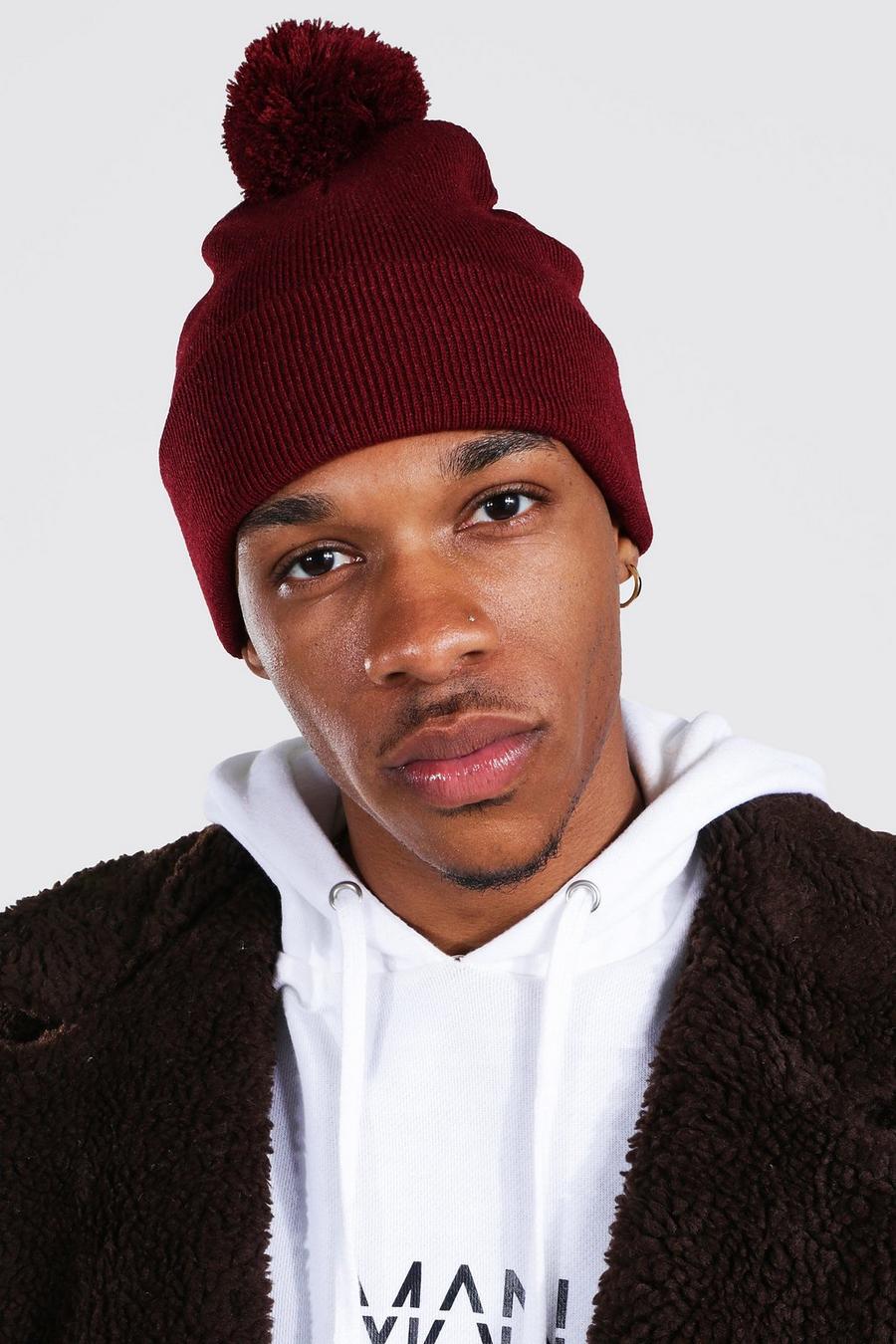 Burgundy Flat Knit Bobble Beanie image number 1