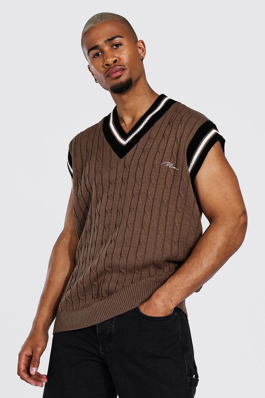 Taupe Man Cable Knit Oversized Tank Top With Stripes image number 1