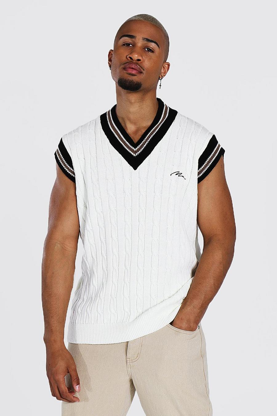 Cream Man Cable Knit Oversized Tank Top With Stripes image number 1