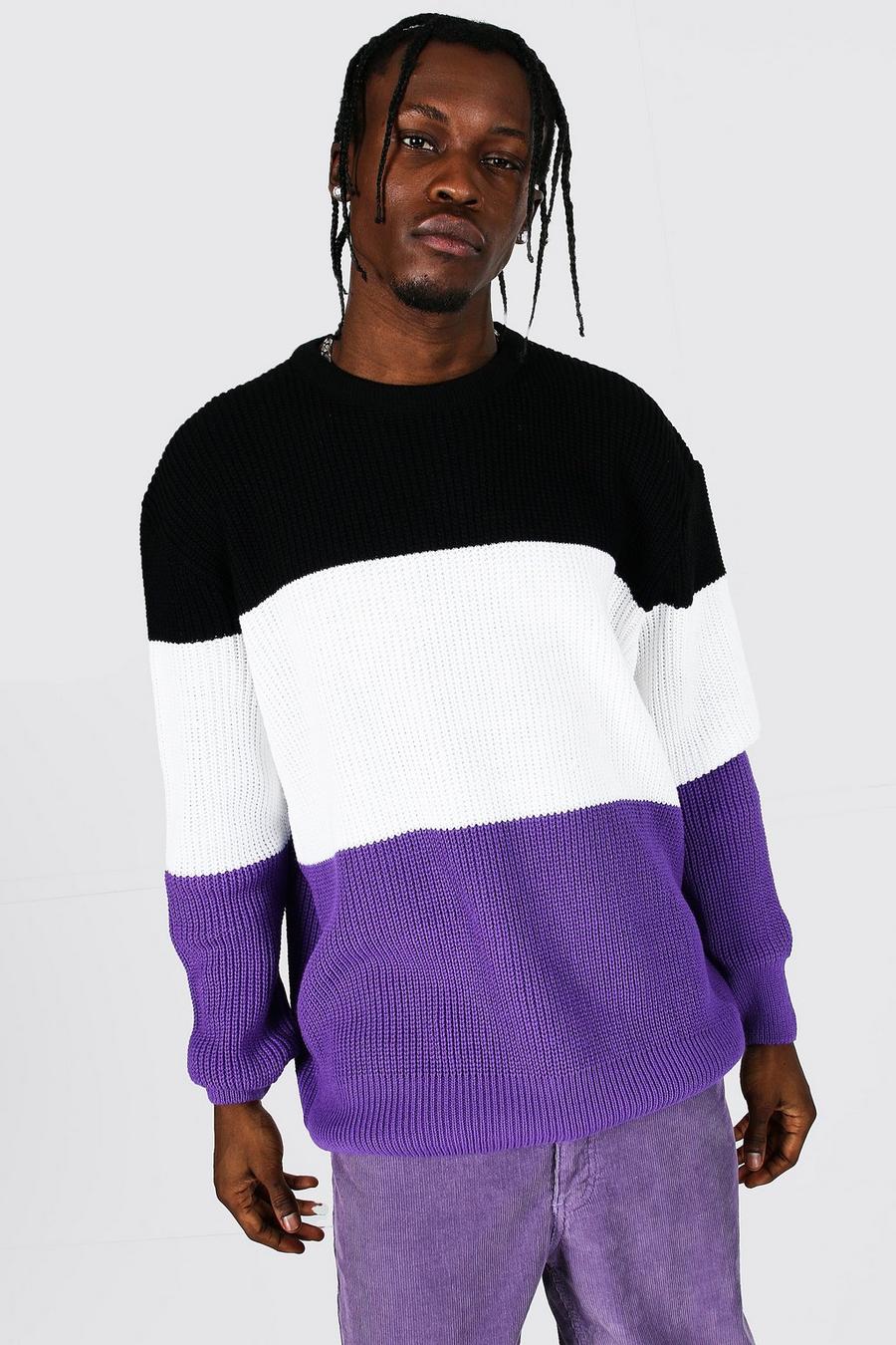 Purple Oversized Striped Ribbed Knit Sweater image number 1