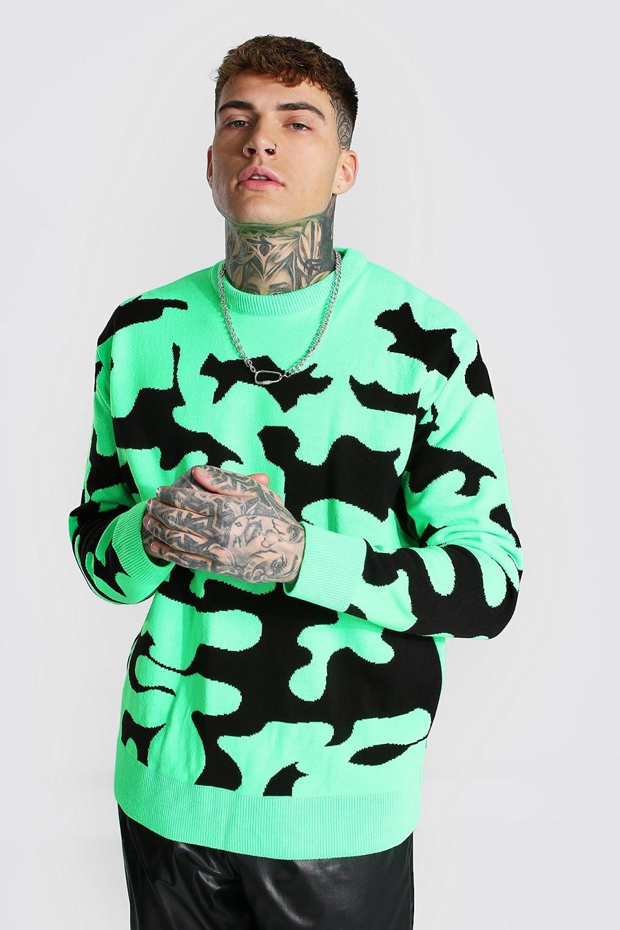 Green Oversized Abstract Camo Knitted Jumper image number 1