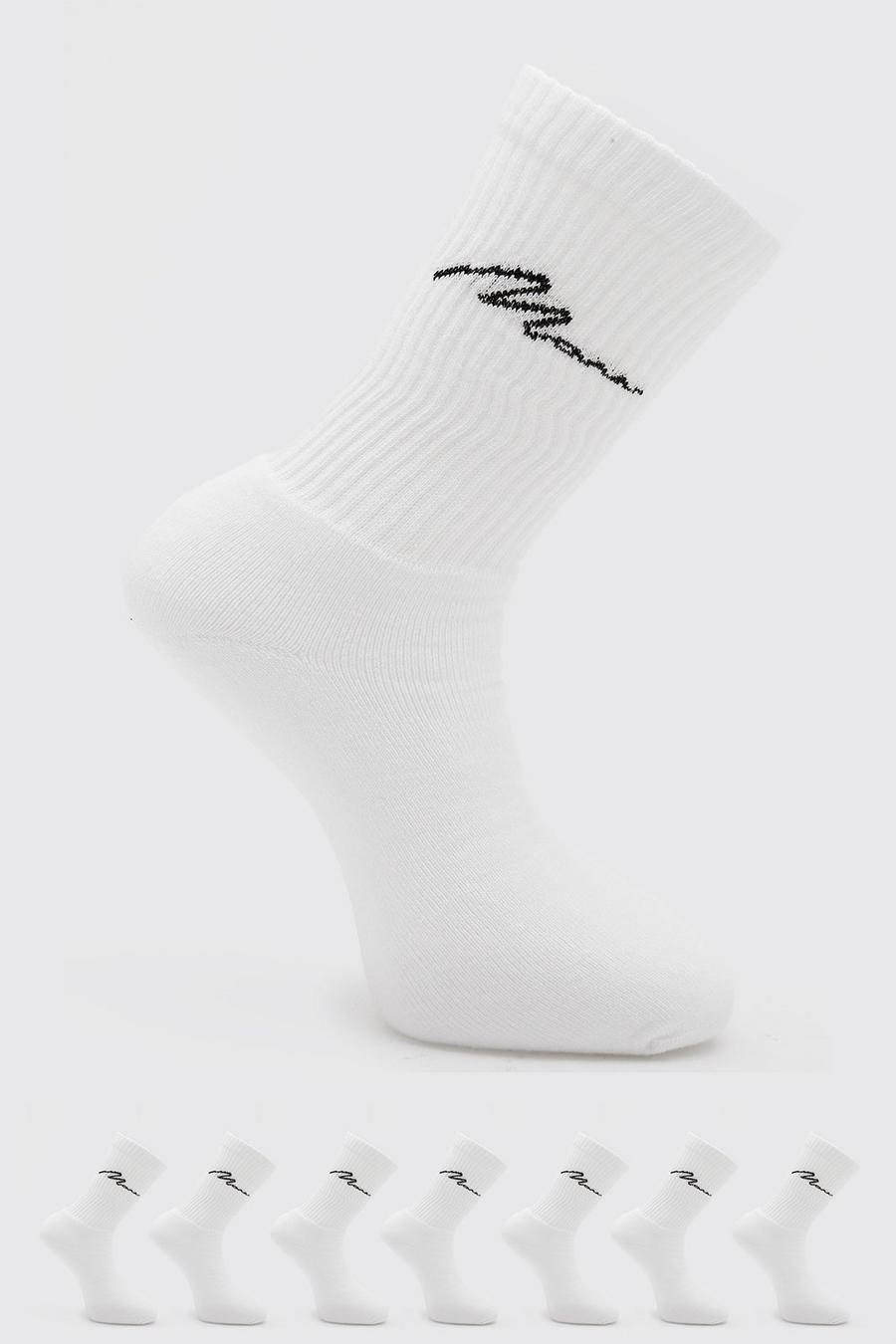 White 7 Pack Man Script Logo Plain Sport Socks image number 1