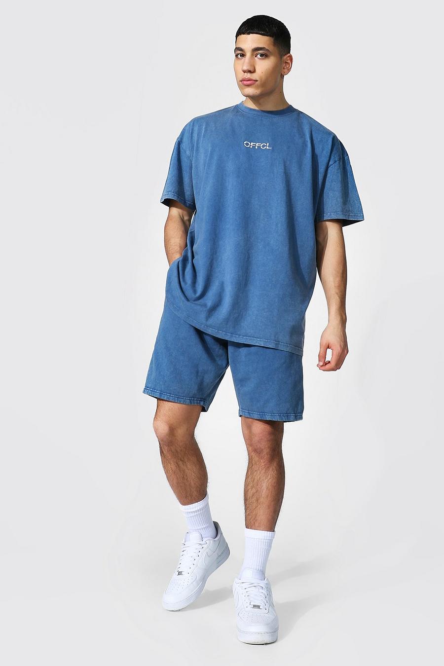 Übergroßes Set mit Offcl T-Shirt und Shorts mit Batik-Muster, Blau image number 1