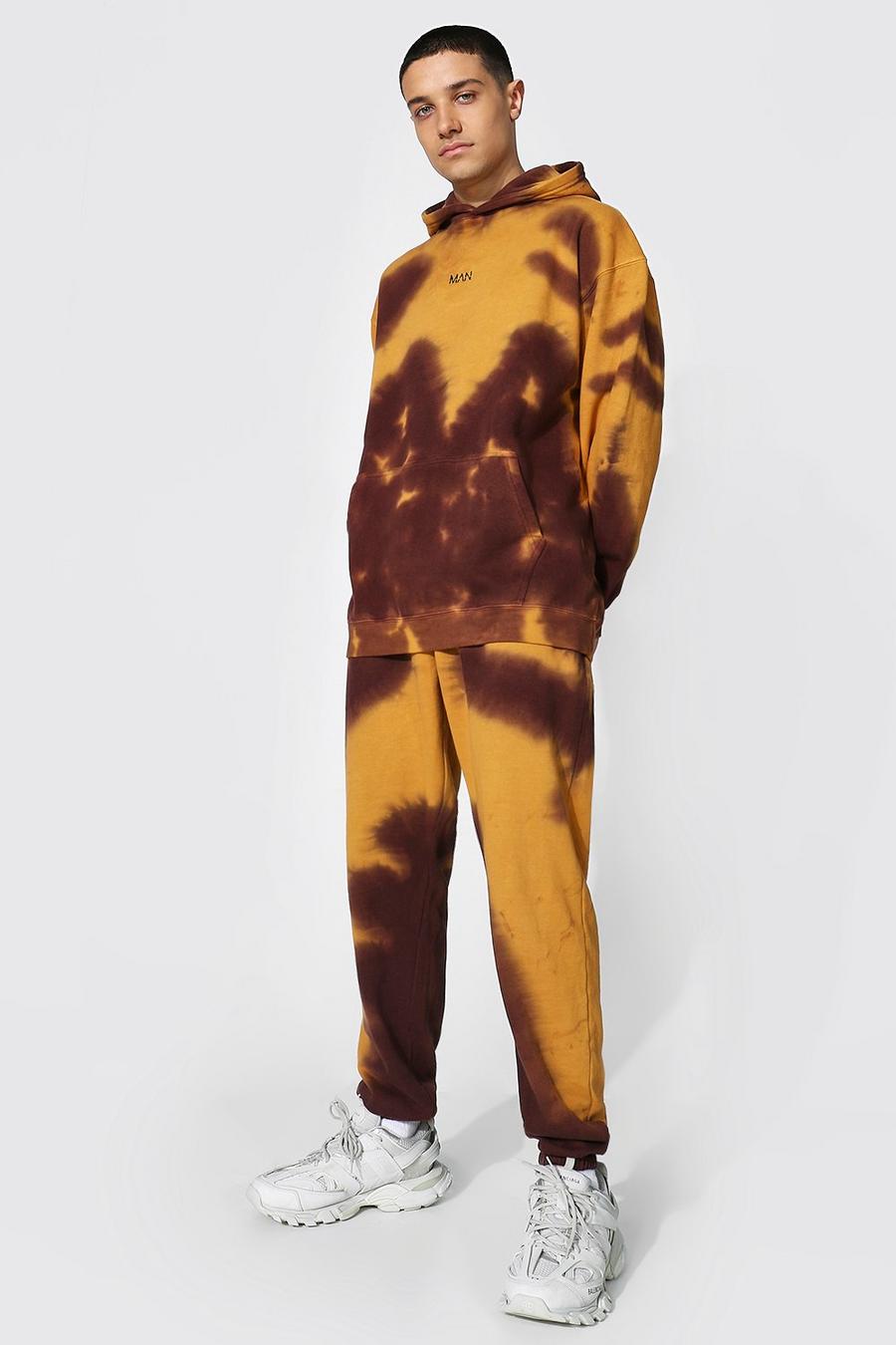 חום חליפת טרנינג טאי-דאי קפוצ'ון אוברסייז עם כיתוב Original Man image number 1