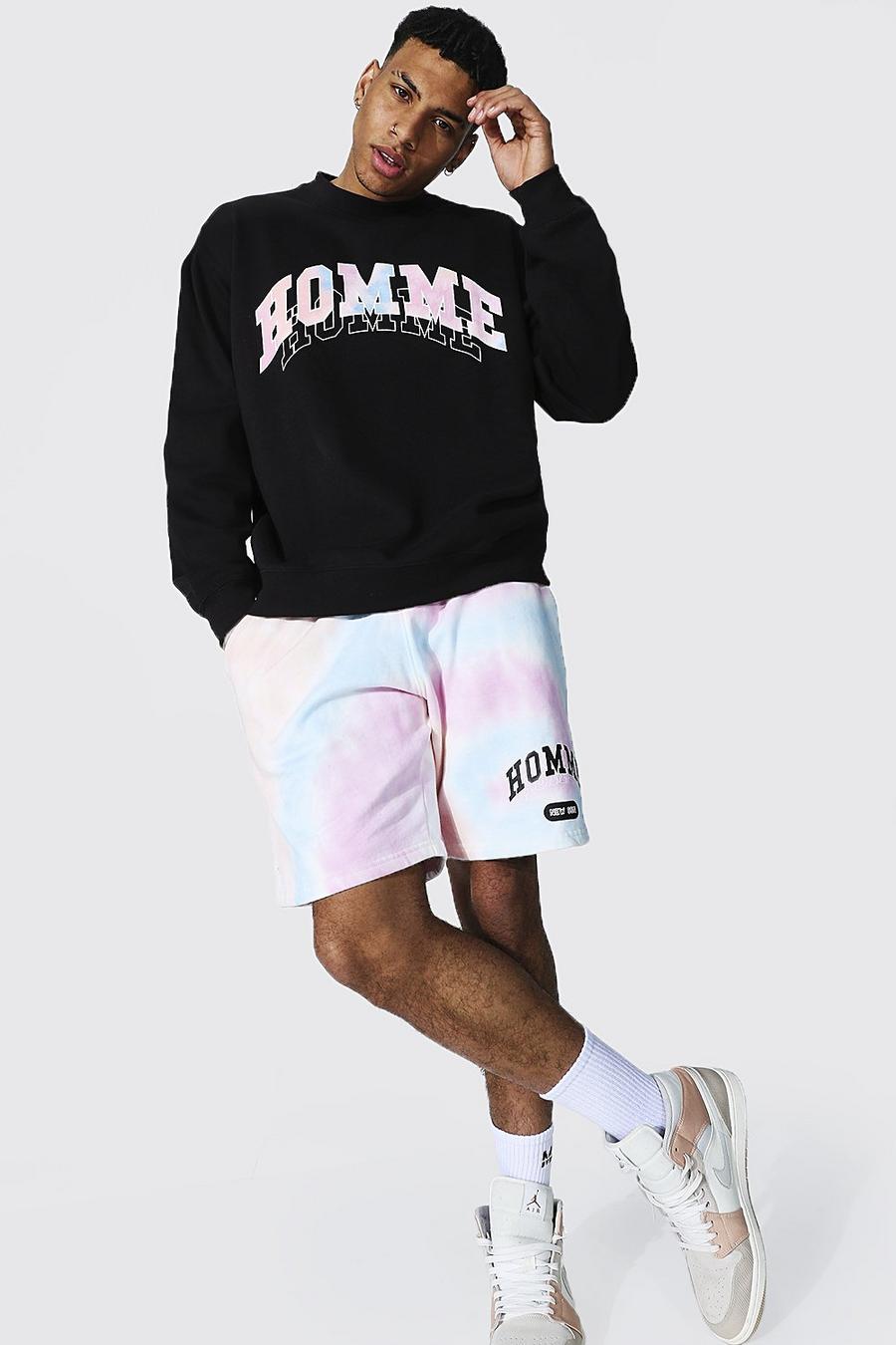 Set in Übergröße mit Homme-Sweater in Batik-Optik und Shorts, Schwarz image number 1