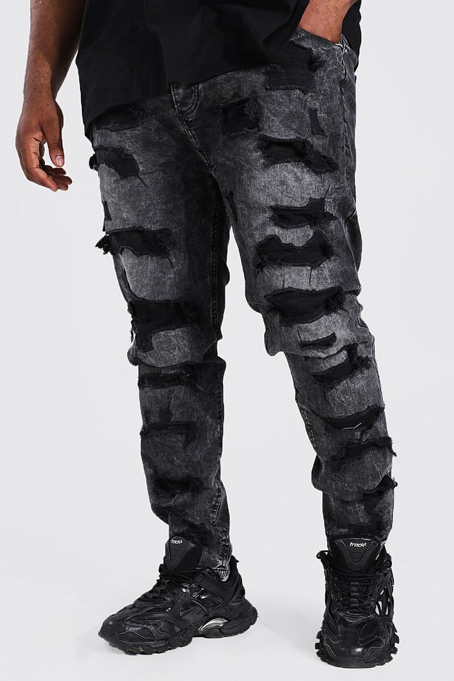 Jeans Plus Size Skinny Fit elasticizzati con strappi & rattoppi, Washed black image number 1