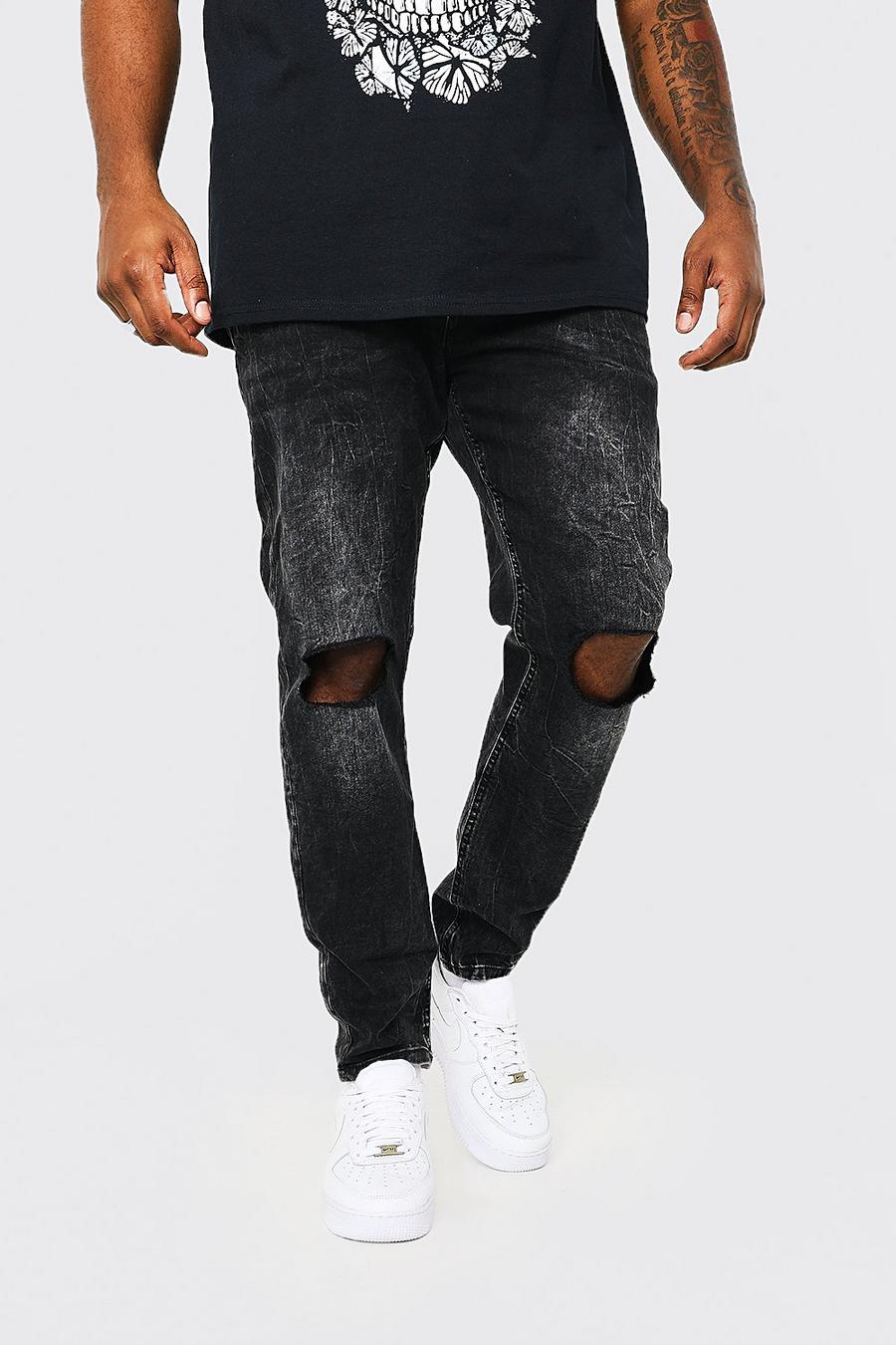 שחור דהוי סקיני ג'ינס נמתח עם קרעים בברכיים למידות גדולות image number 1