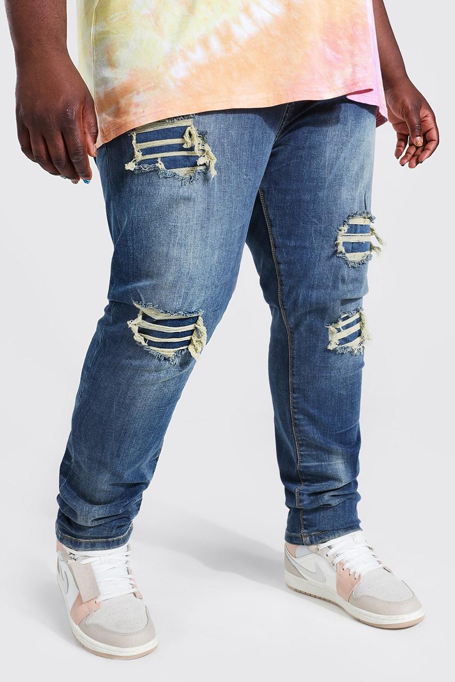 Indigo Plus - Skinny jeans med slitage och lagningar image number 1