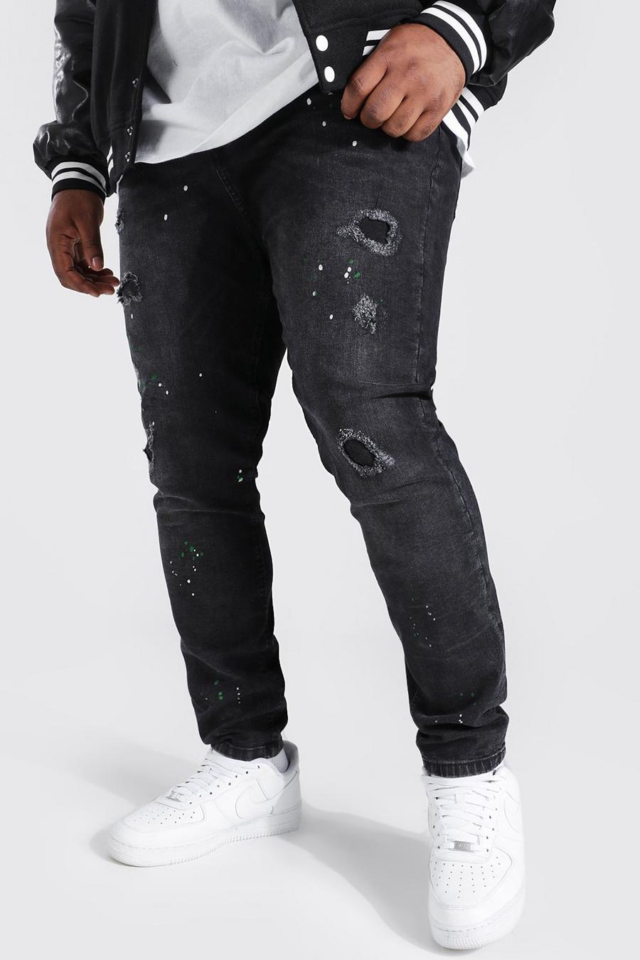 Plus Super Skinny Jeans mit Farbspritzern, Washed black image number 1