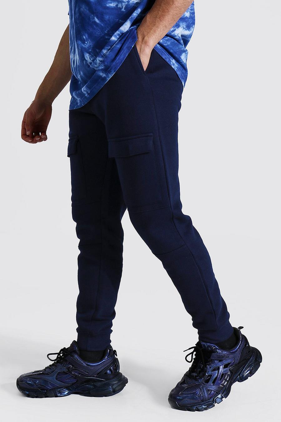 Pantalones de deporte ajustados con bolsillos delanteros y paneles, Azul marino image number 1