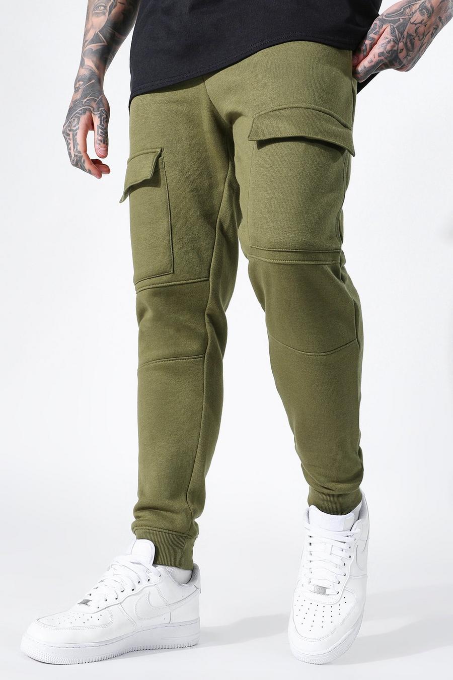 Pantalones de deporte ajustados con bolsillos delanteros y paneles, Caqui image number 1