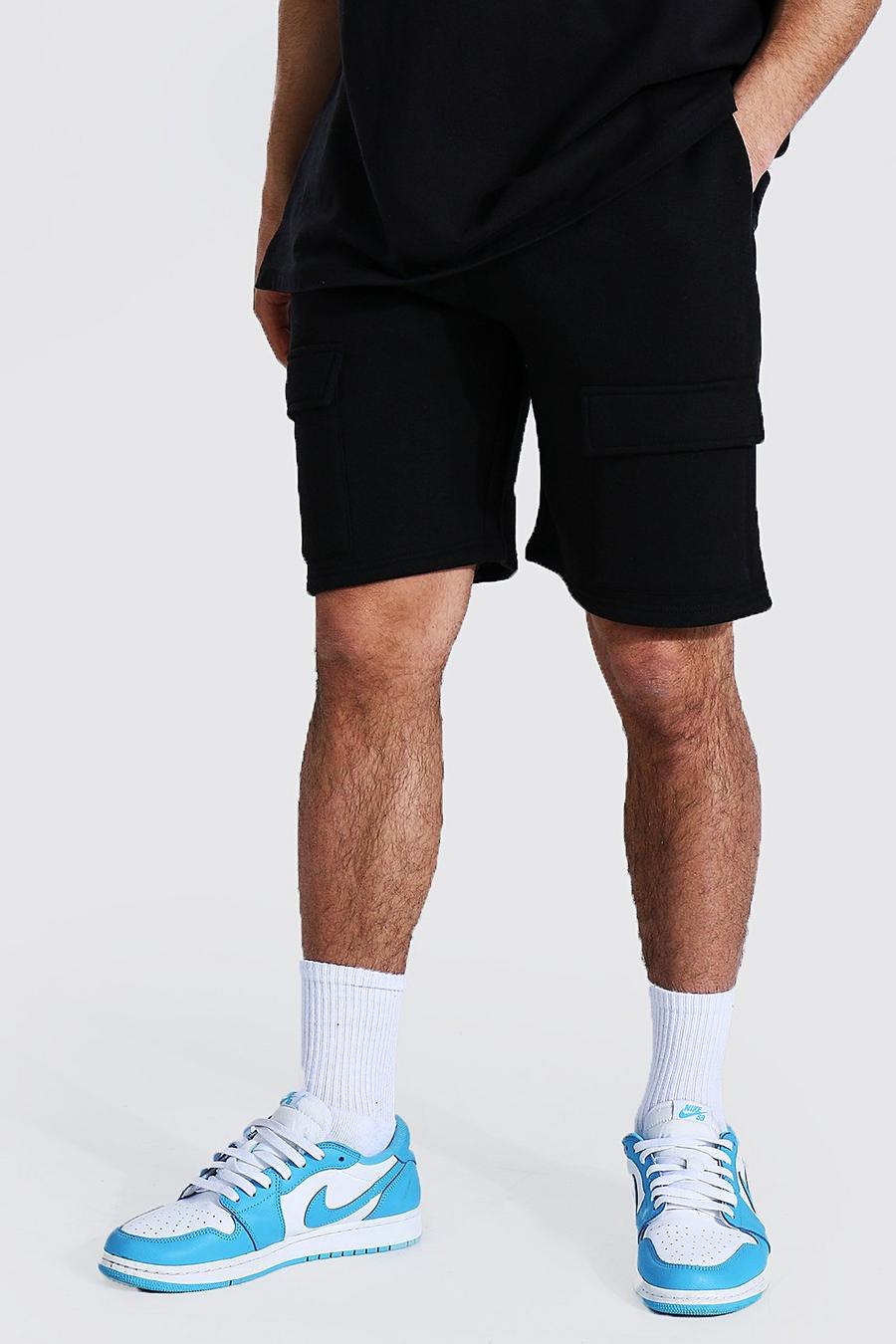 Black Regular Mid Front Pocket Cargo Jersey Shorts image number 1