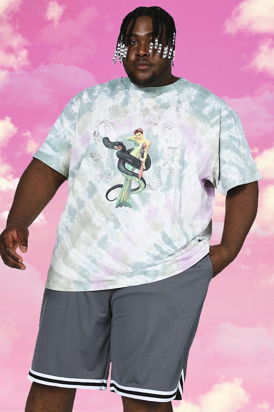 Plus Size Loose Fit T-Shirt aus schwerem Gewebe in Batik-Optik, Mehrfarbig image number 1