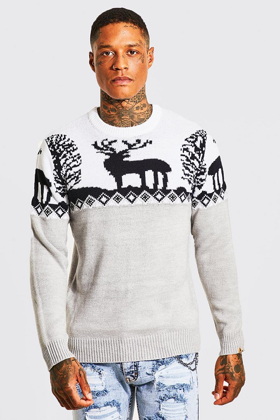 Grey marl Fair Isle Knitted Christmas Jumper image number 1