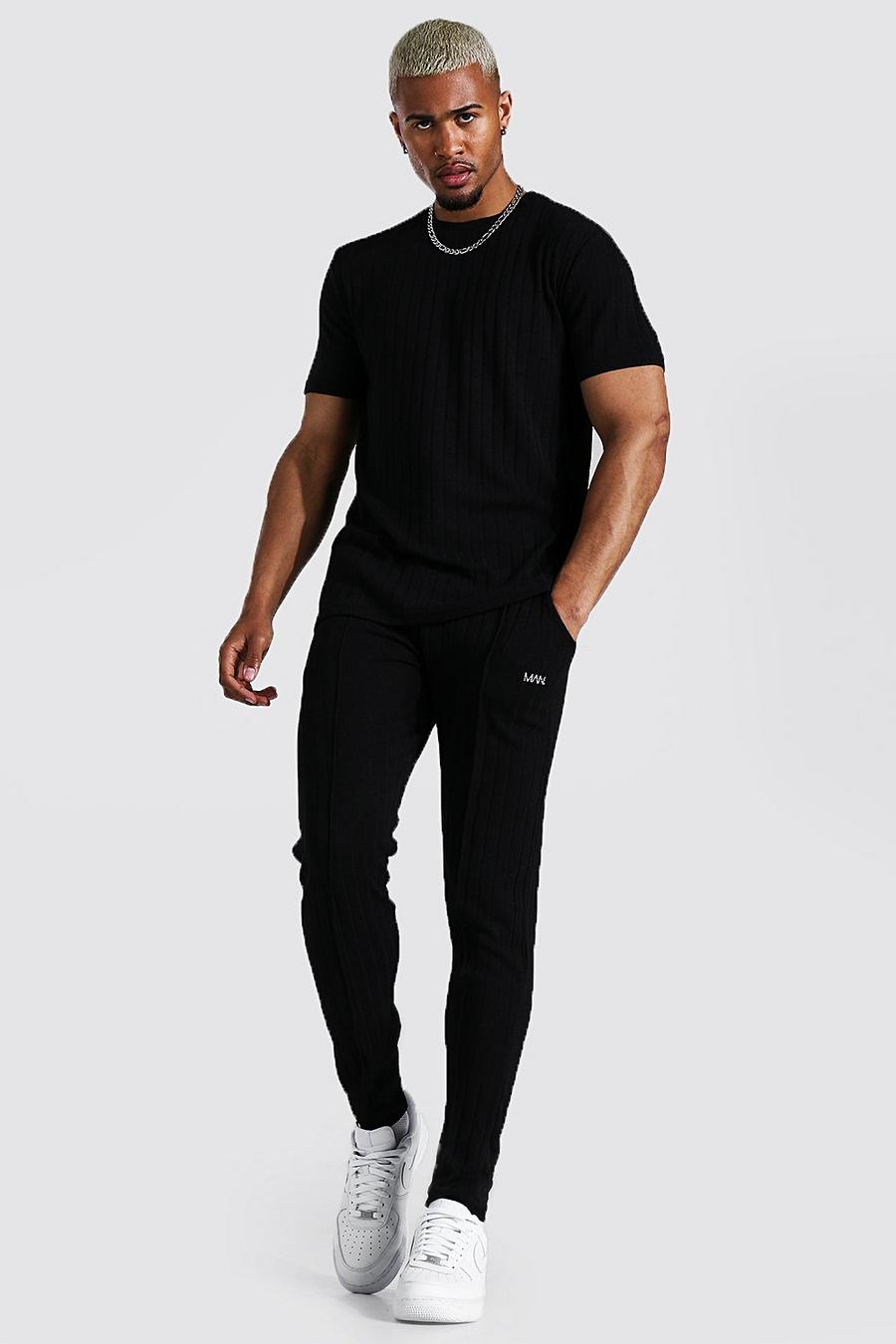 Gestreiftes Strick-Set mit T-Shirt und Jogginghosen, Schwarz noir image number 1