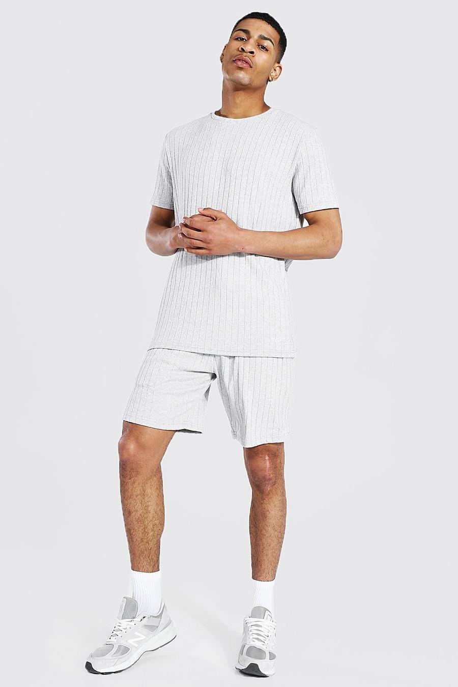 Grey marl Stripe Knitted T-shirt And Short Set With Tab image number 1