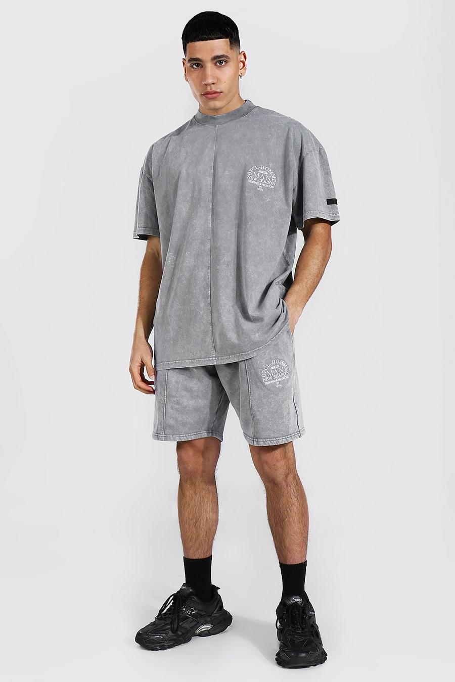 Sage MAN Oversize stentvättad t-shirt med hög hals och shorts image number 1