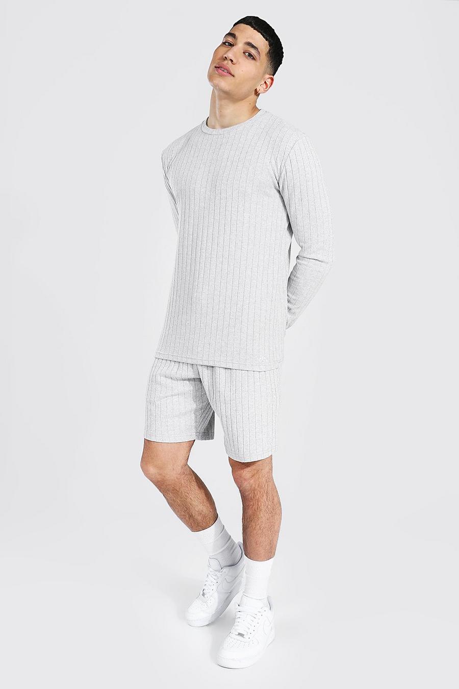 Grey marl Randig tröja och shorts image number 1