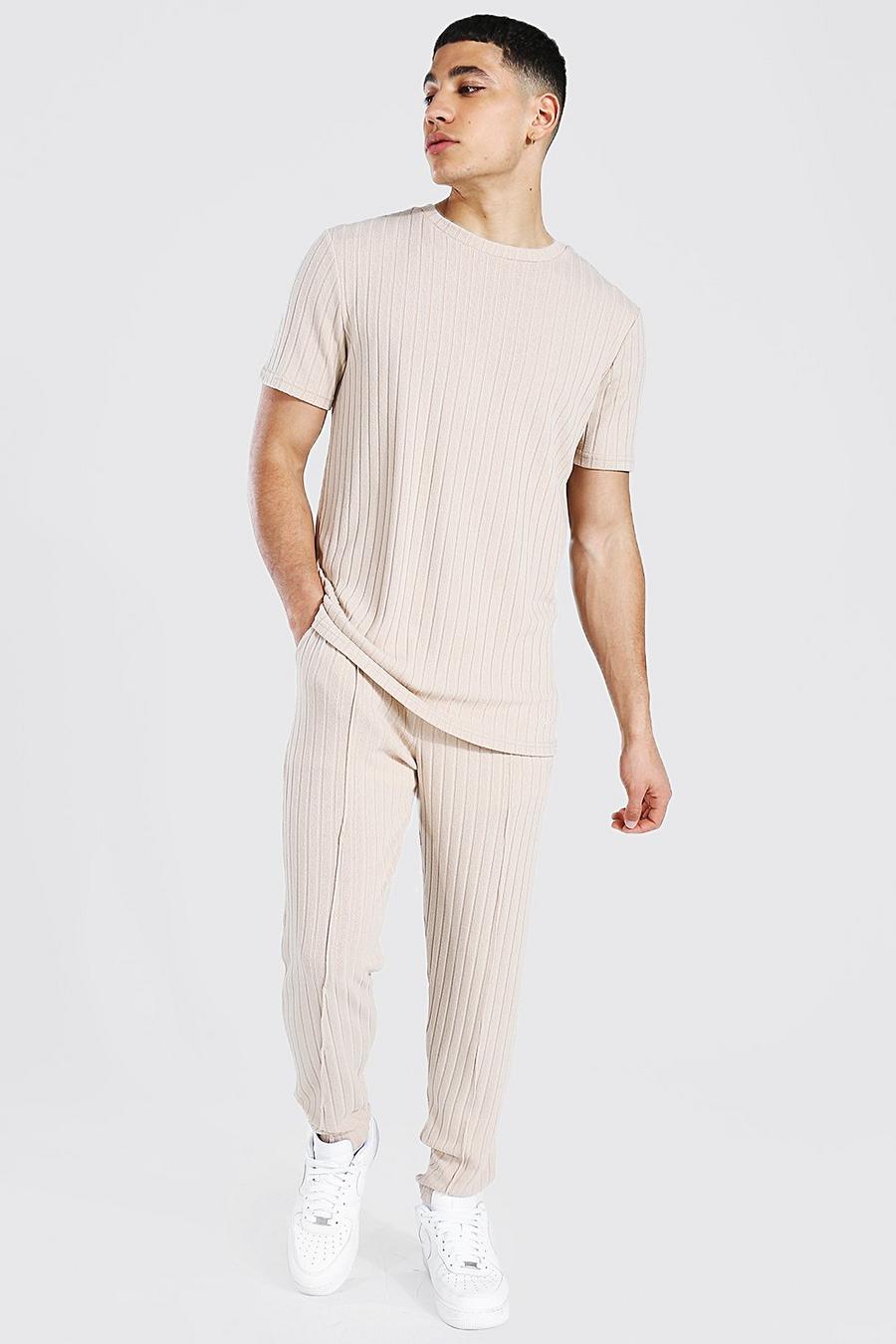 Taupe Stripe Knitted T-shirt And Jogger Set image number 1