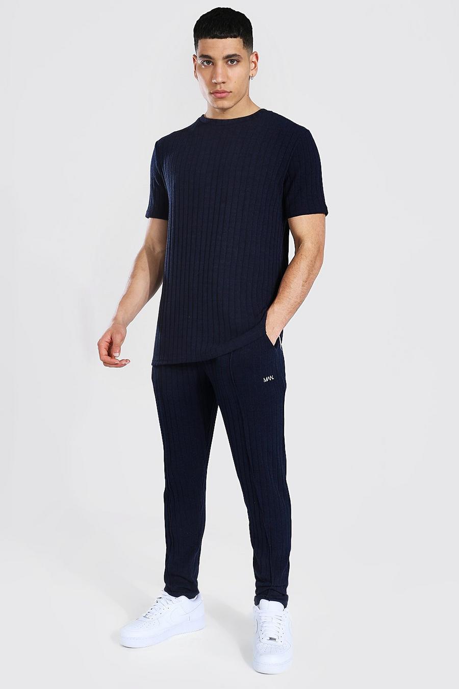 Navy Stripe Knitted T-shirt And Jogger Set image number 1