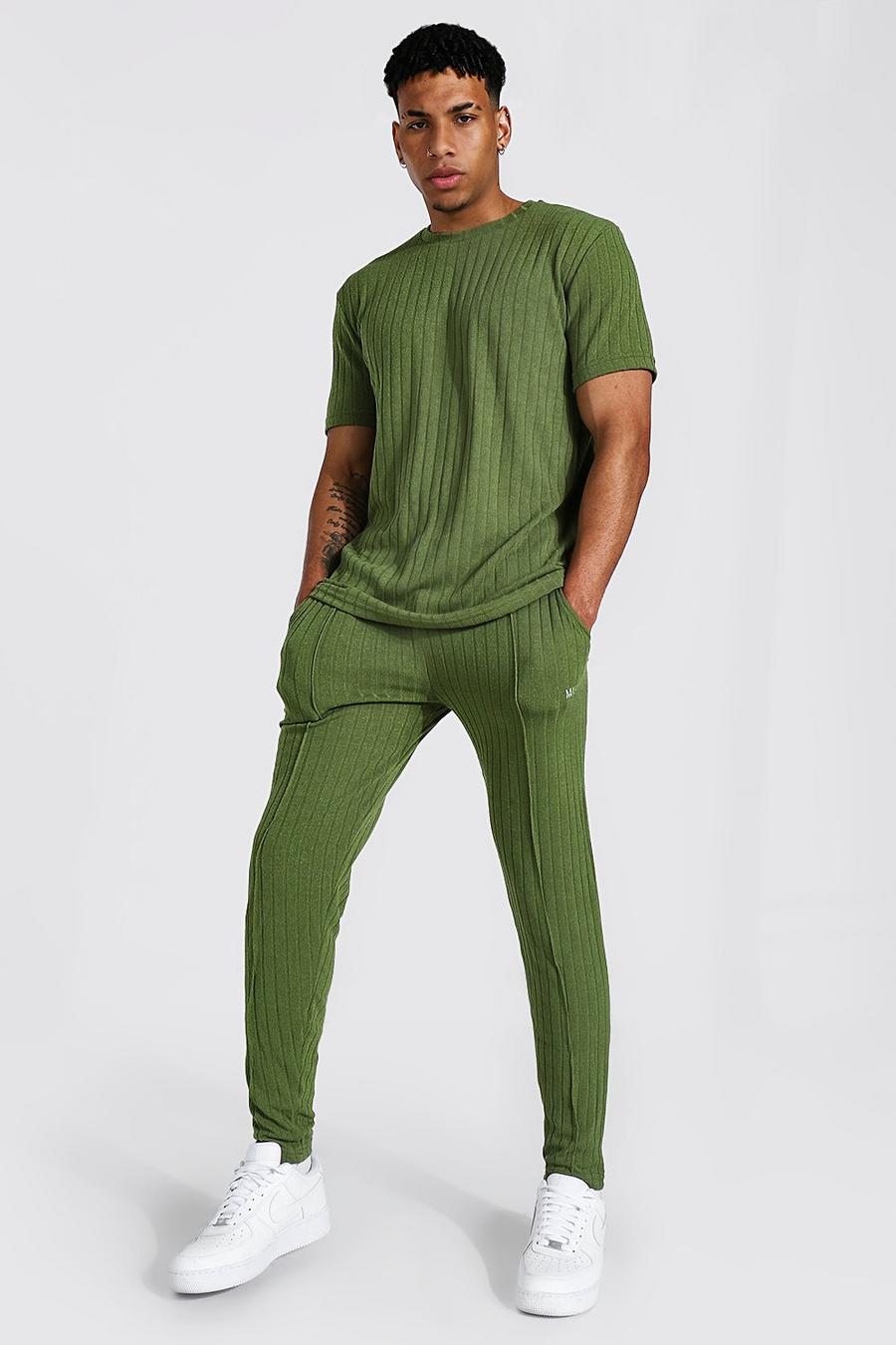 Khaki Stripe Knitted T-Shirt And Track Pant Set image number 1