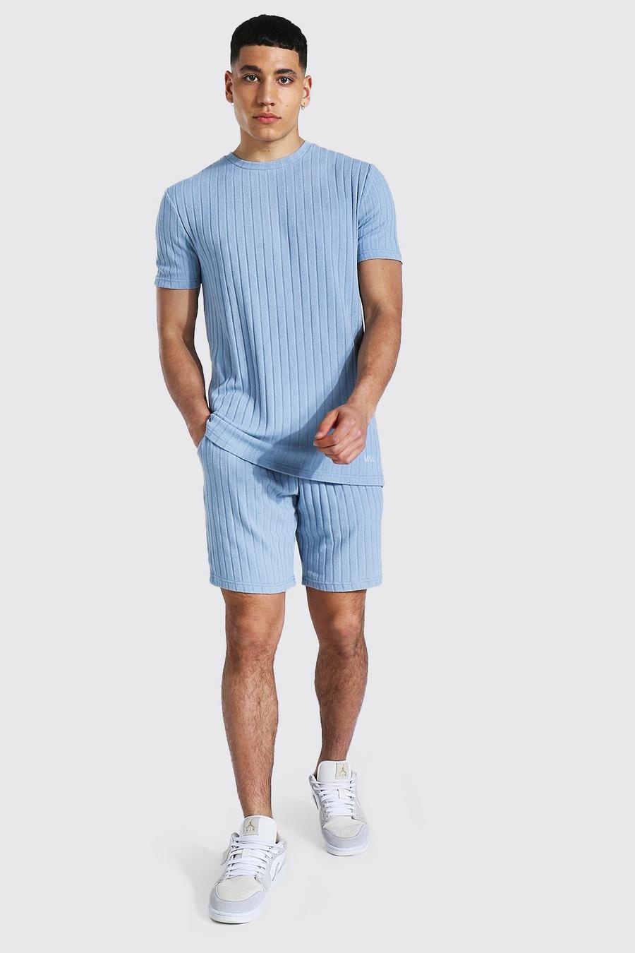 Blue Stripe Knitted T-shirt And Short Set With Tab image number 1