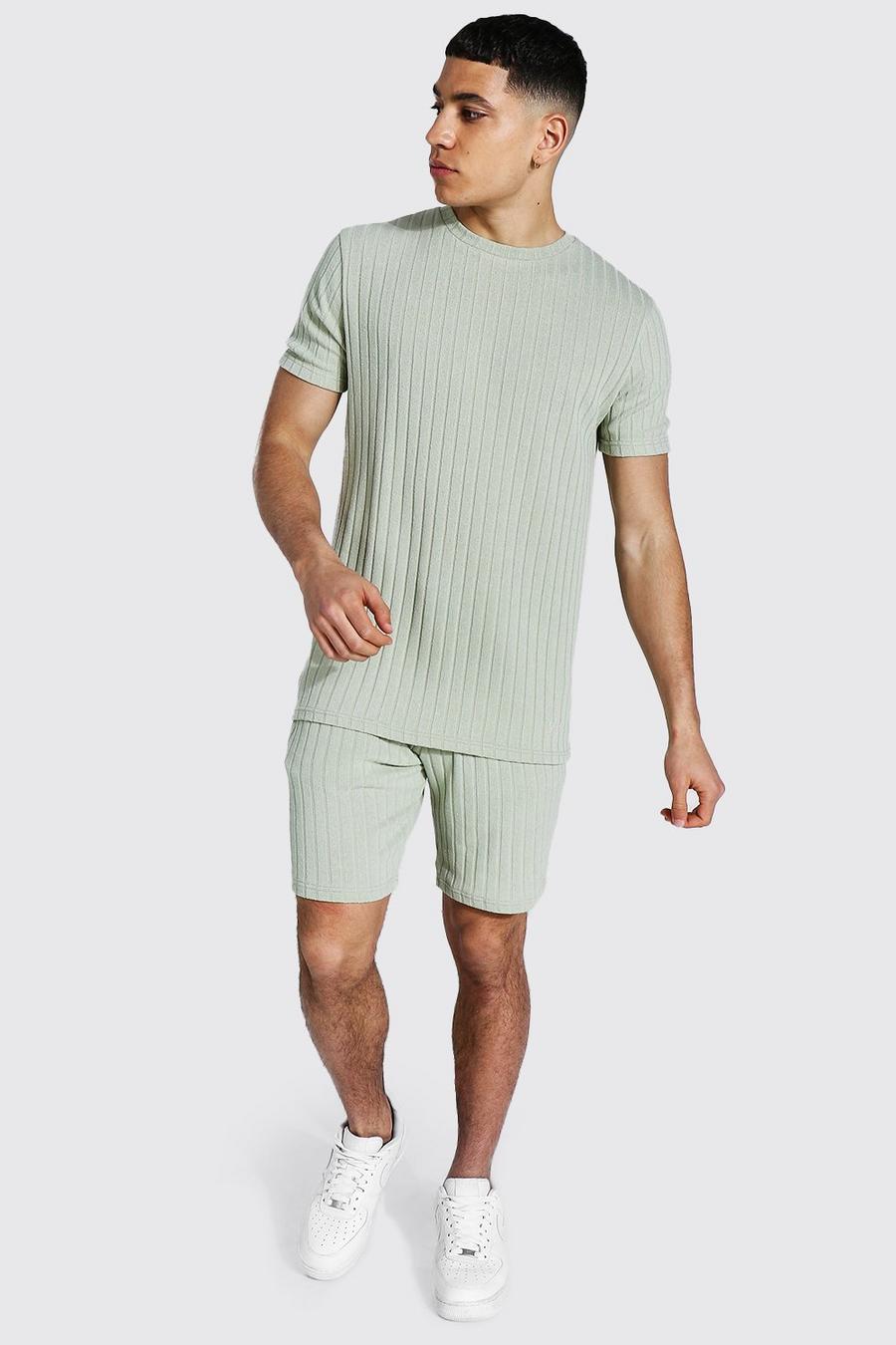 Sage Stripe Knitted T-shirt And Short Set With Tab image number 1