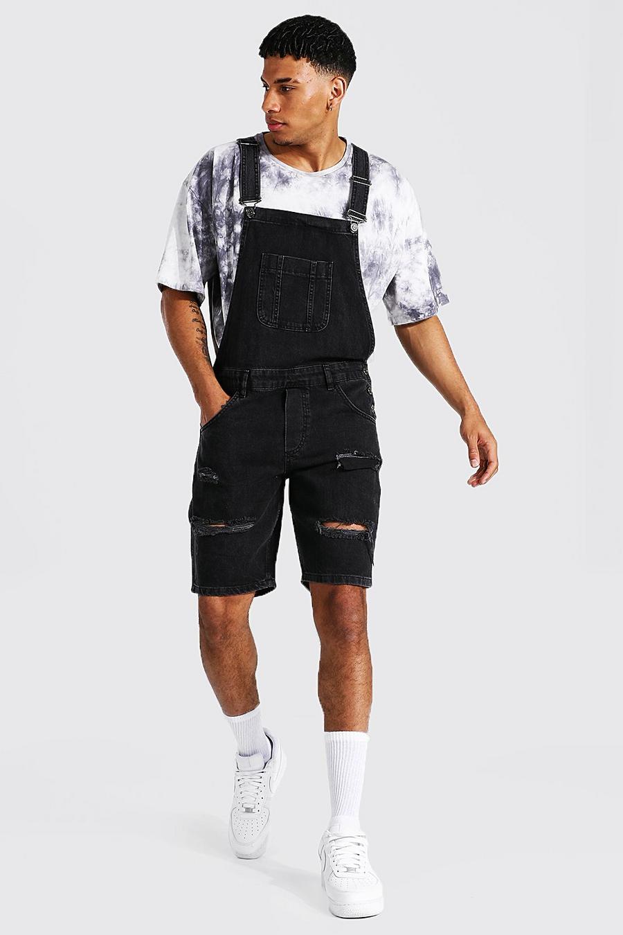Washed black Relaxed Fit Distressed Short Dungaree image number 1