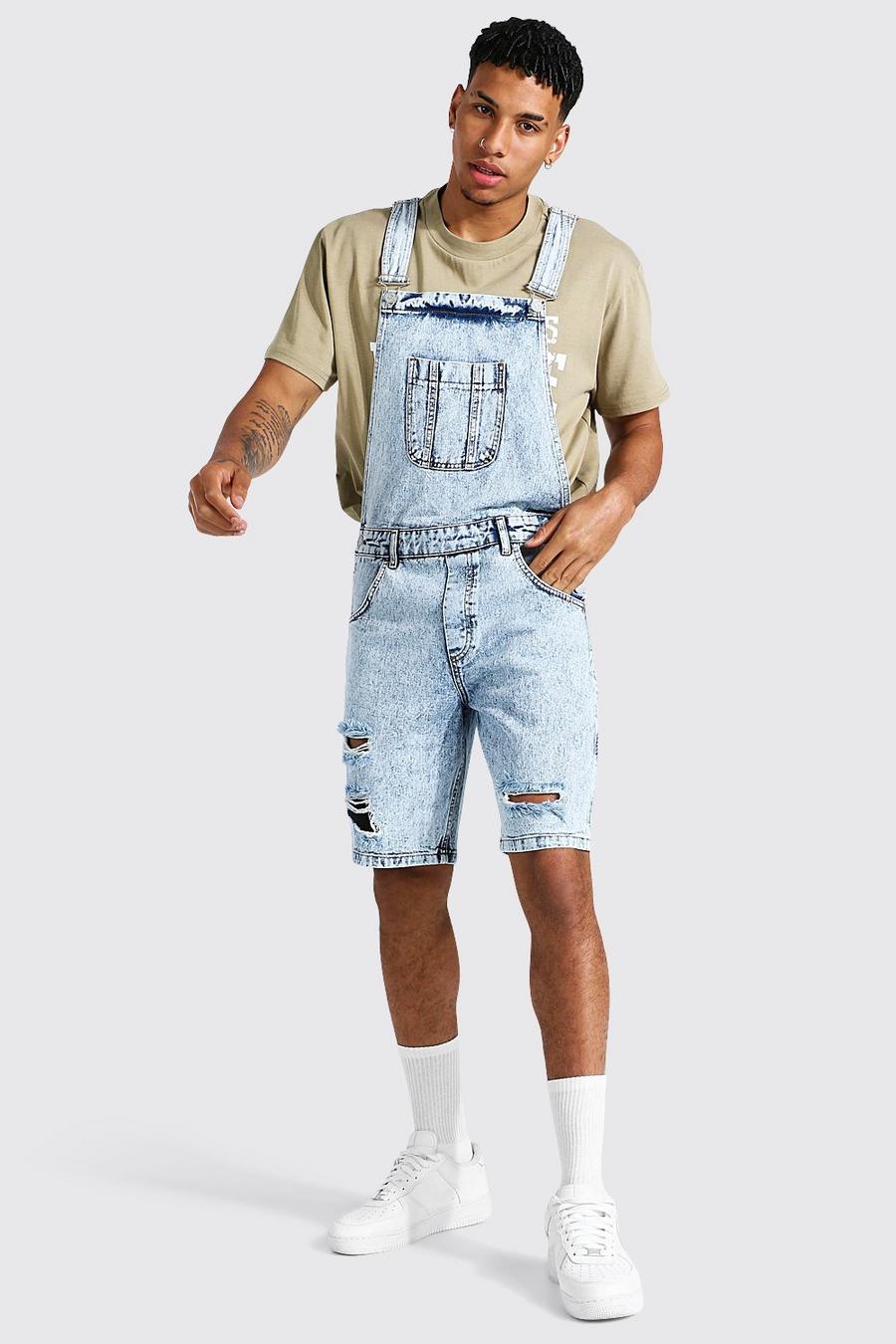 Ice blue Relaxed Fit Distressed Short Dungaree image number 1