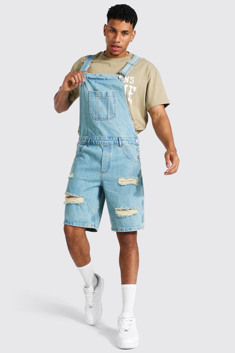 Antique blue Relaxed Fit Distressed Short Dungaree
