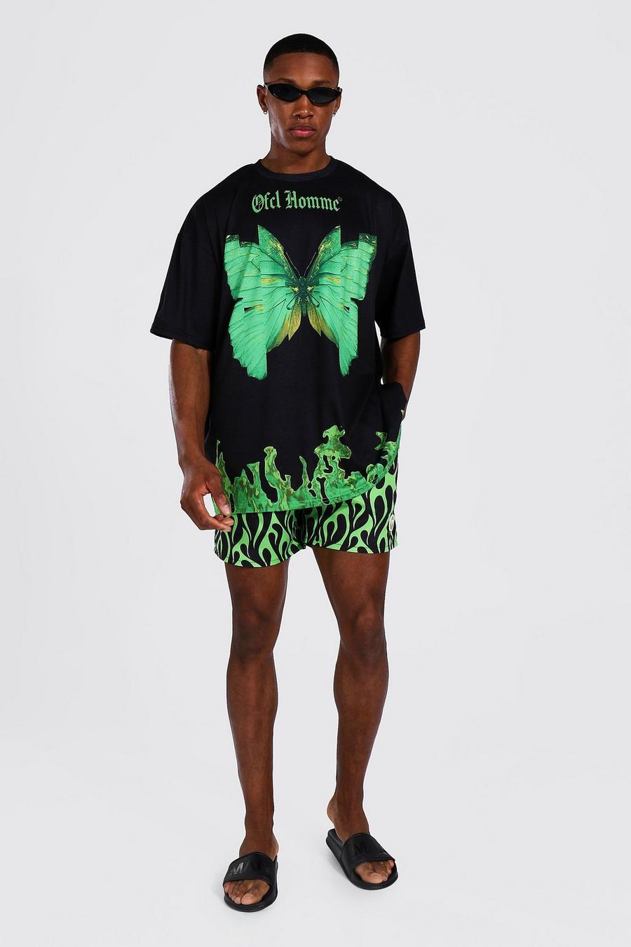Green Oversized Flame Graphic T-Shirt And Swim Short Set image number 1