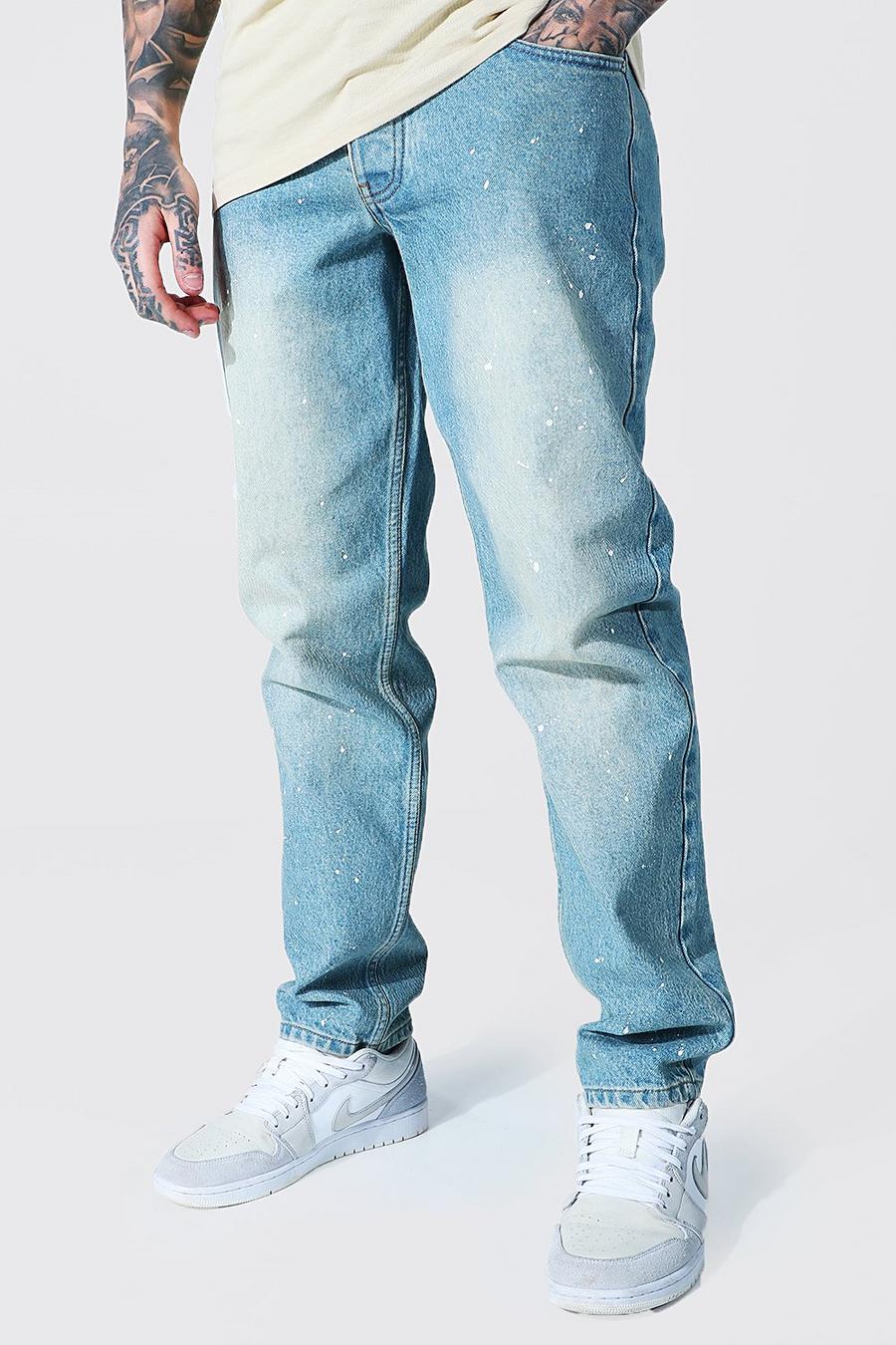 Jeans rigidi taglio rilassato con schizzi di vernice, Blu antico