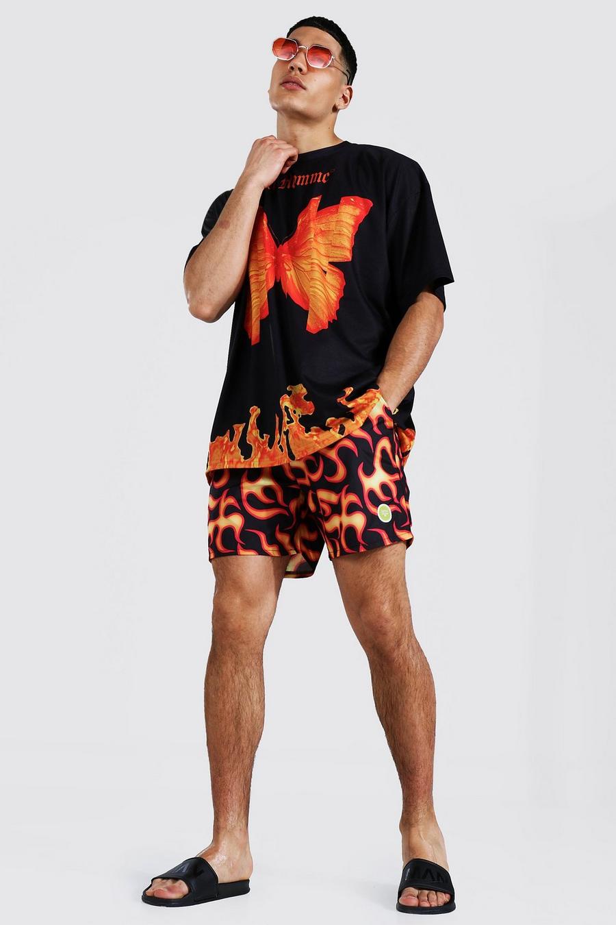 Orange Oversized Flame Graphic T-Shirt And Swim Short Set image number 1