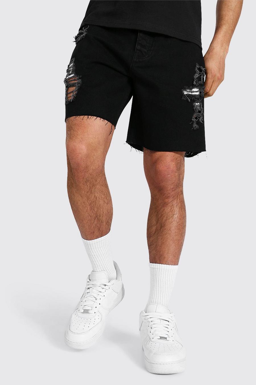 Pantalones cortos vaqueros holgados con bajo deshilachado y rasgados, Negro auténtico image number 1