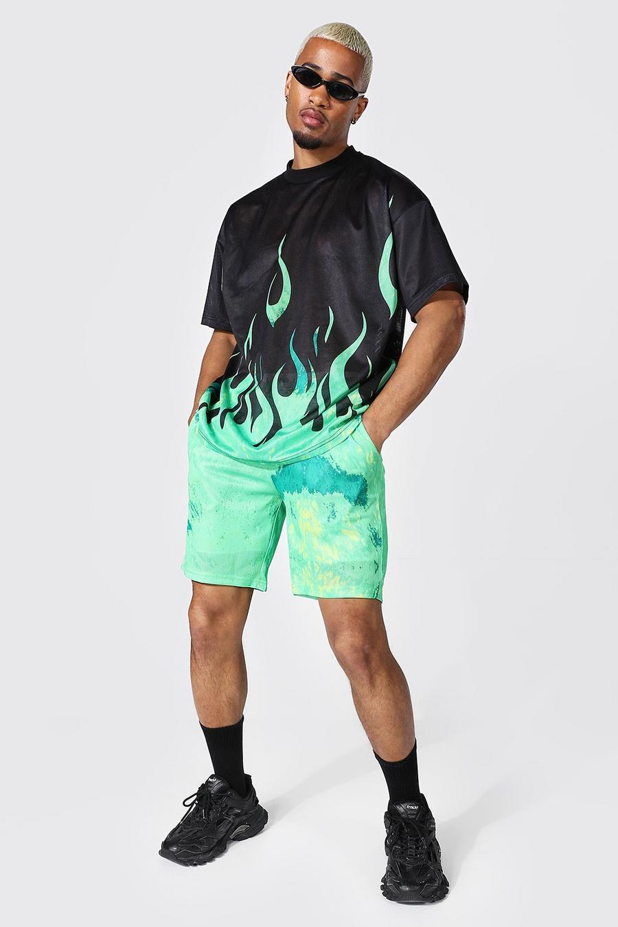 Green Oversize Flame Tie Dye Mesh Tee and Short Set image number 1
