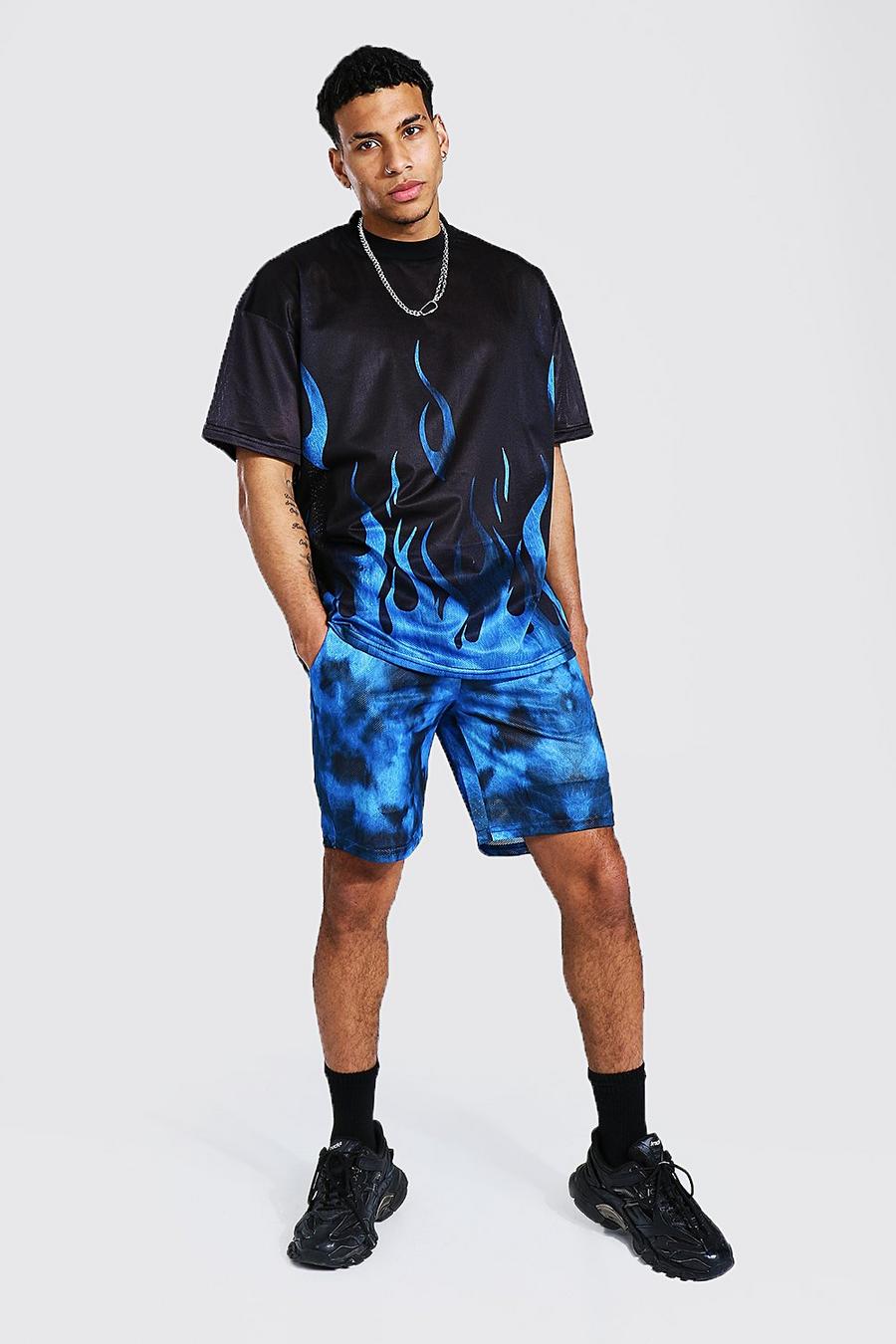 Oversize Flammen Batik Mesh T-Shirt und Shorts Set, Blue image number 1