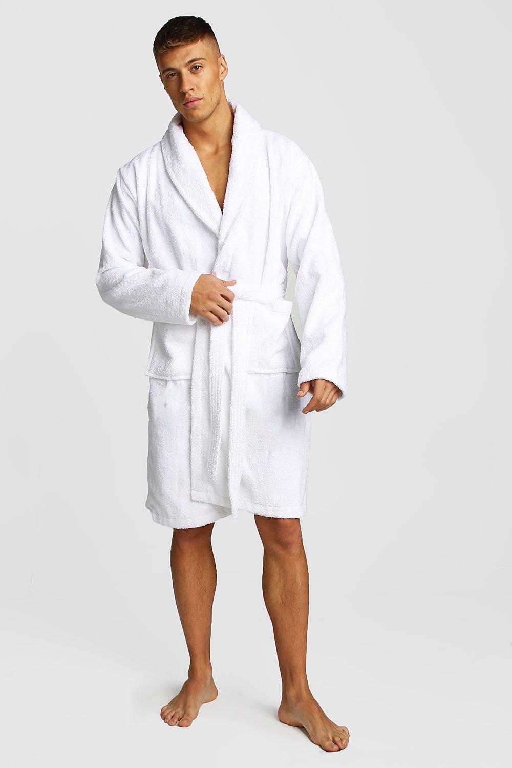 mens white towelling bathrobe