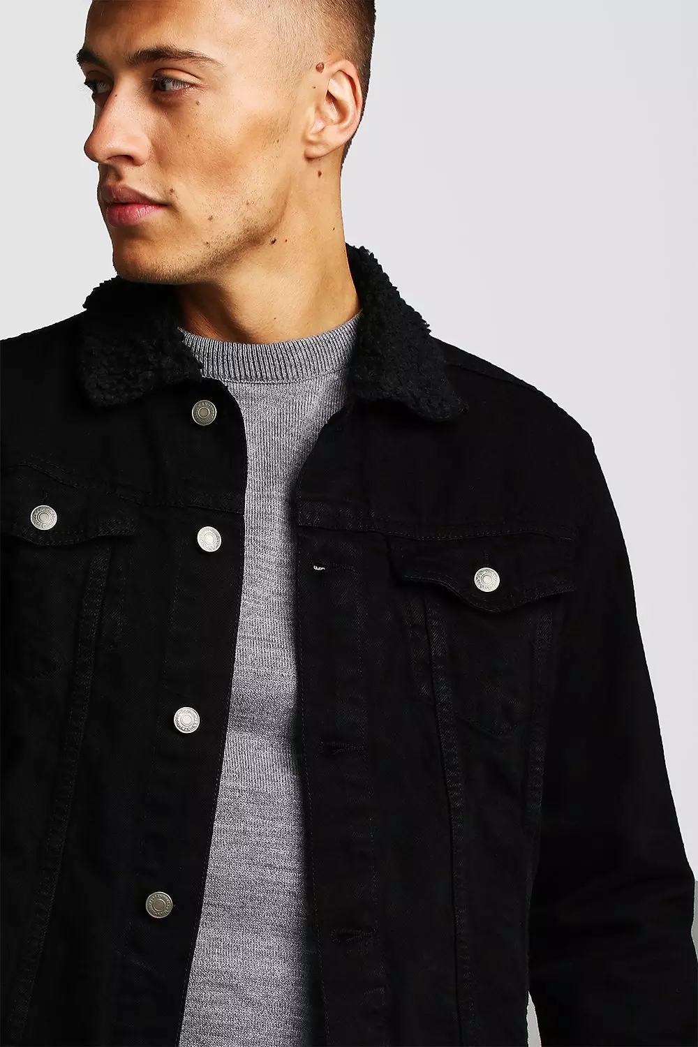 Mens black denim 2024 jacket borg collar