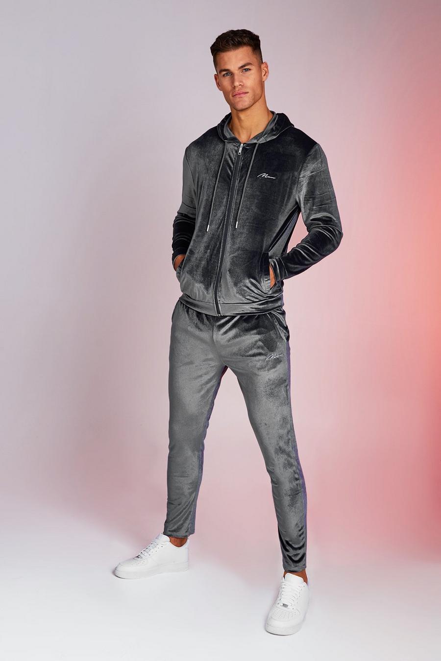 Charcoal Man Signature Shiny Velour Hooded Tracksuit image number 1