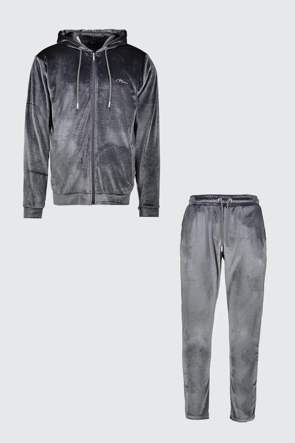 Mens Baby Blue Velour Tracksuit with Charcoal Gray Piping