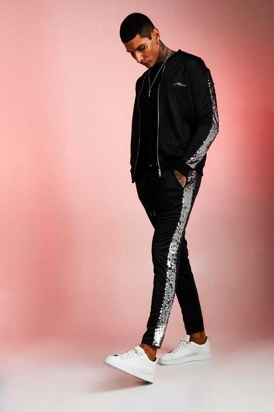 Black Tricot MAN Bomber Tracksuit With Sequin Panels image number 1