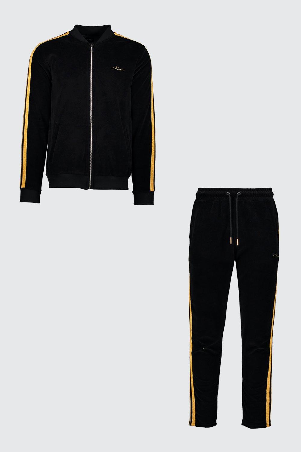 MAN Velour Bomber Tracksuit With Gold Tape | boohoo