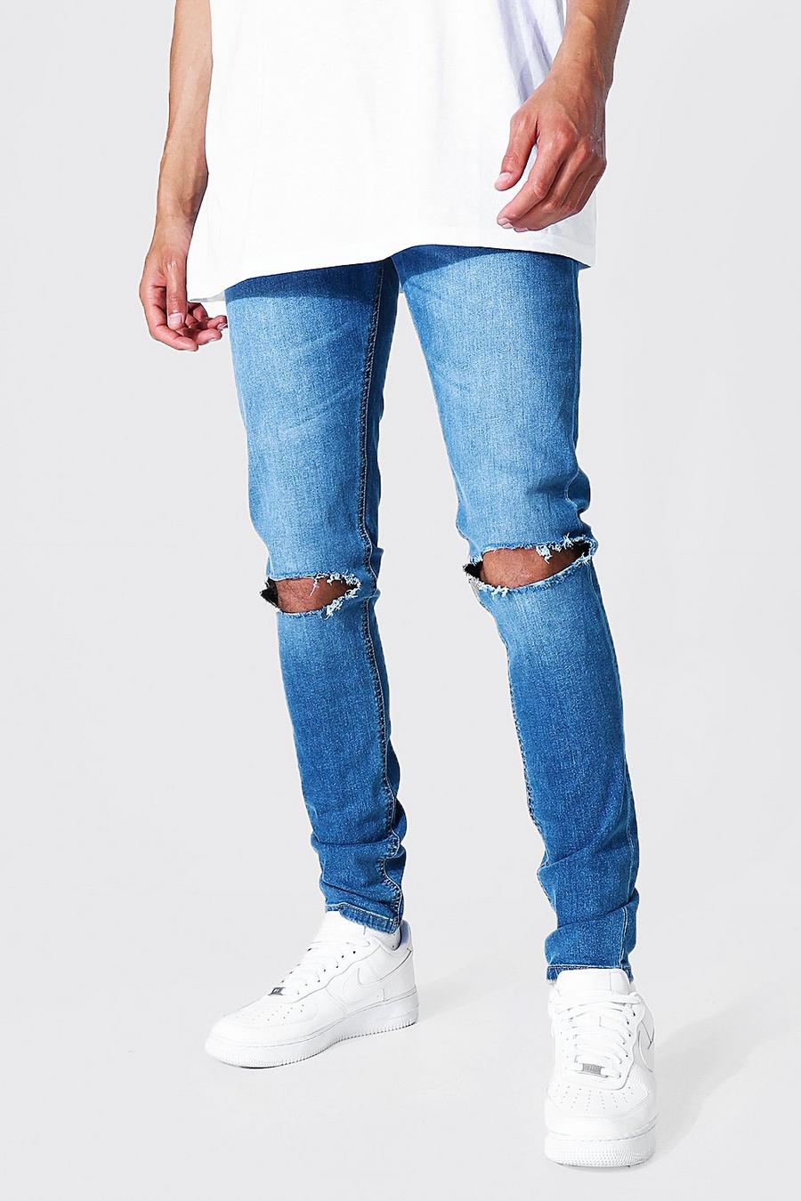 כחול עתיק סקיני ג'ינס סטרץ' עם קרעים בברכיים לגברים גבוהים image number 1