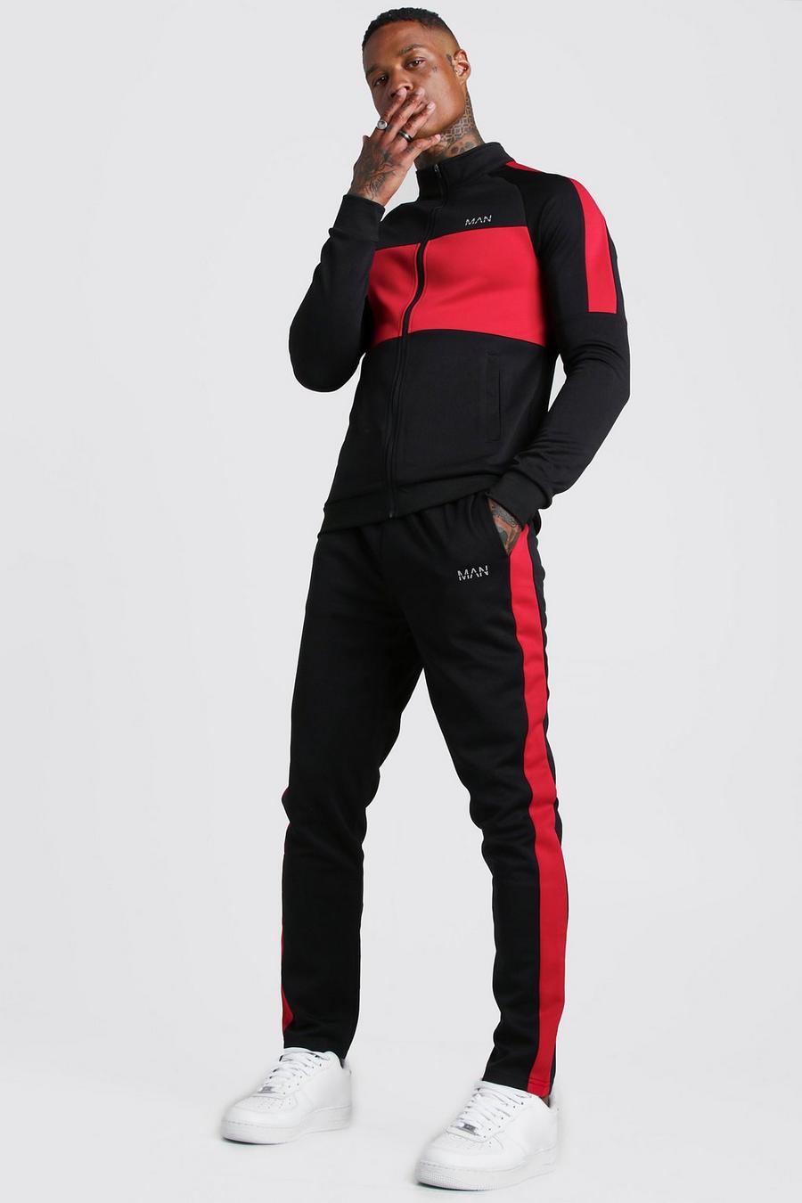 MAN Roter Poly-Trainingsanzug mit Colorblock, Schwarz image number 1