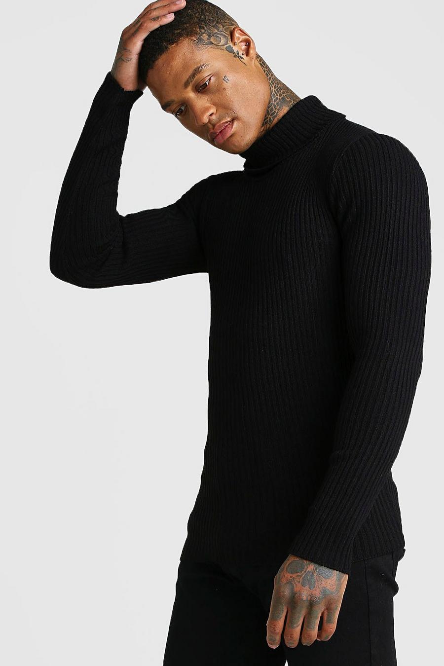Black Muscle Fit Long Sleeve Ribbed Knitted Roll Neck image number 1