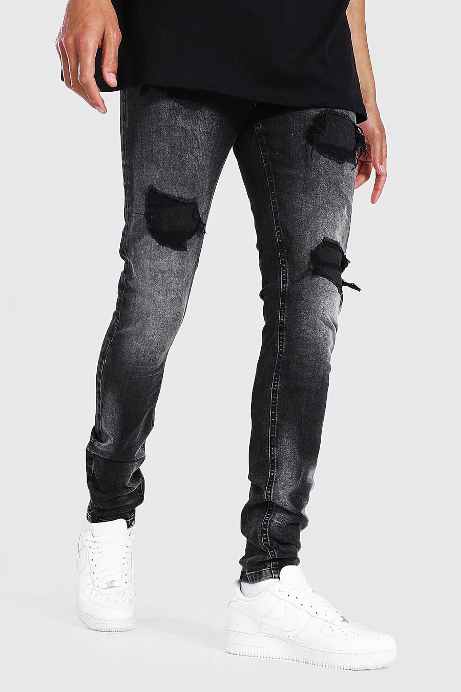 Pantaloncini Tall in denim elasticizzato Skinny Fit con strappi & rattoppi, Washed black image number 1